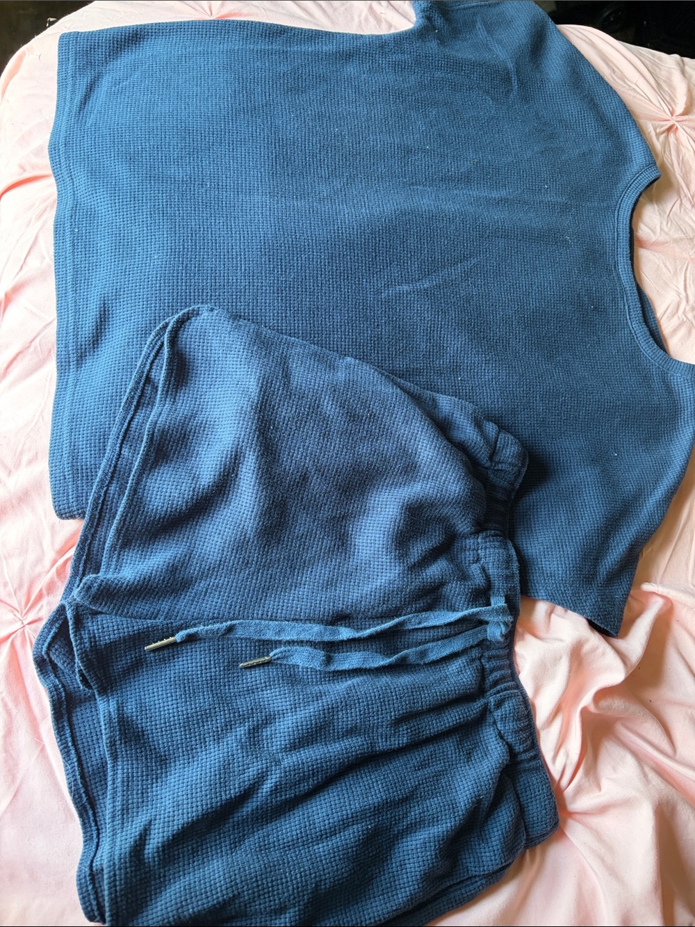 Blue Waffle-Knit Lounge Set - Top & Shorts